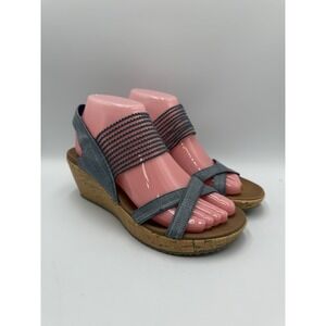 Skechers Luxe Foam Beverlee Blue Shimmer Strappy Open Toe Cork Wedges Sz 7.5‎